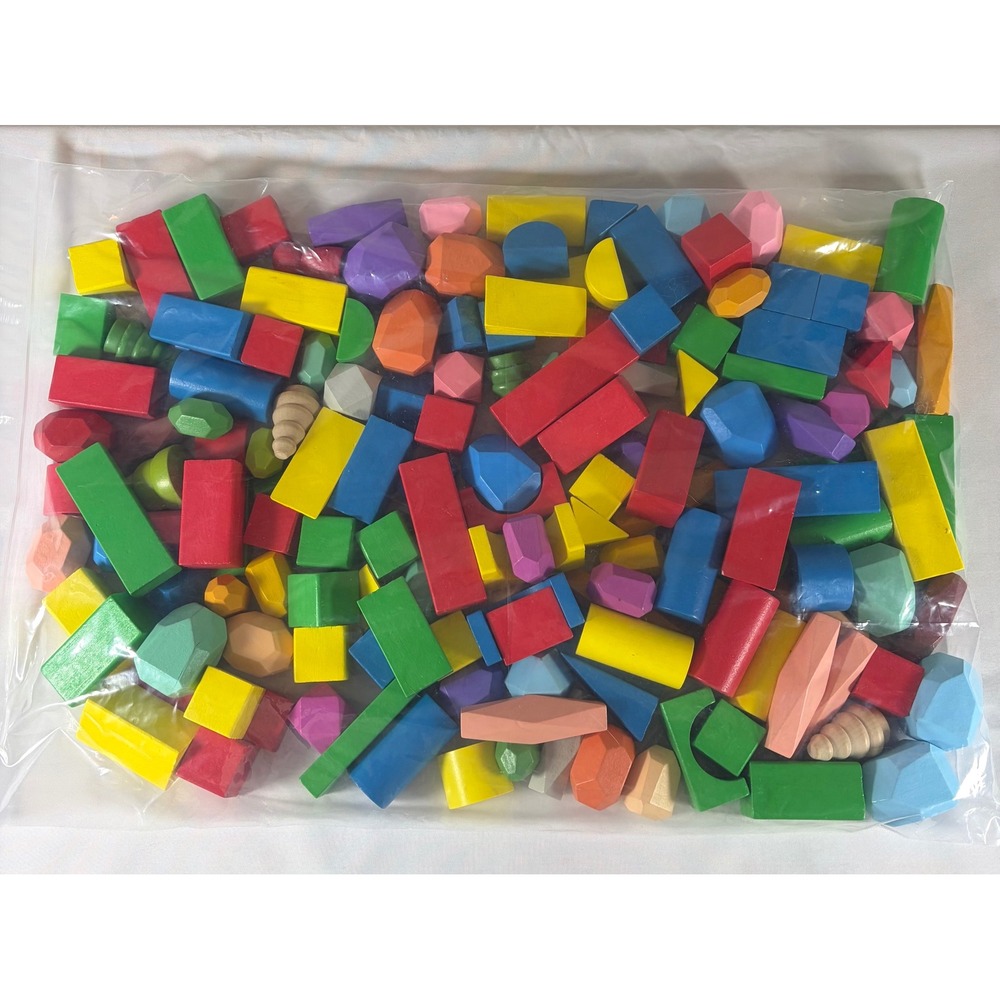 158pc Wooden Building Blocks Bulk Set Rainbow Geometric Shapes Montessori Toy